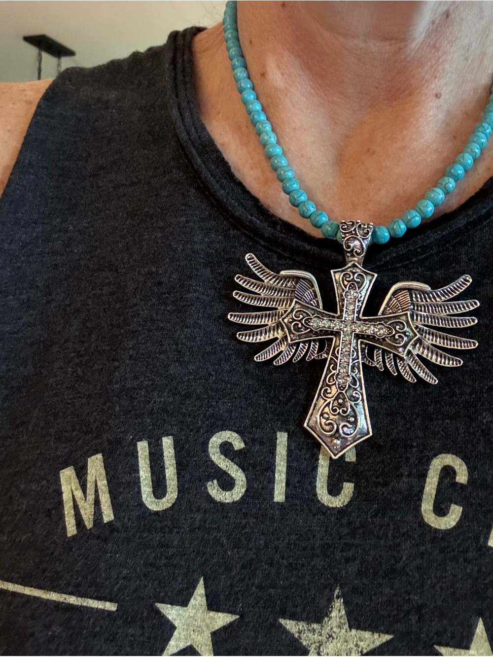 Turquoise Wooden Necklace with Silver Large Winged Cross with Rhinestones - Picture 4 of 4